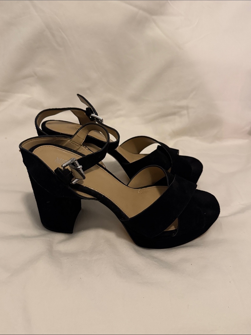 Michael Kors Black Suede Block Heel Sandals with Ankle Strap